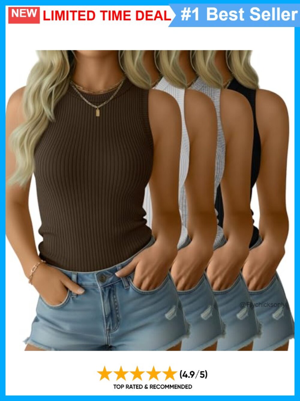 4 Pack Women's Cotton Ribbed High Neck Tank Tops Slim Fit Sleeveless